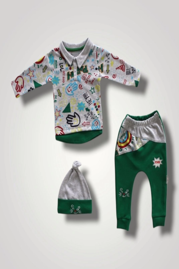 6-9 12-18 18-24 Ay Power Kedi Nakışlı Uzun Kollu Sweat Şapkalı 3lü Kız Erkek Bebek Takımı Yeşil