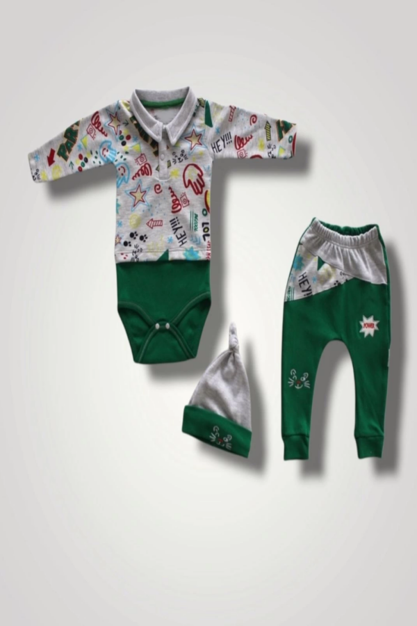 6-9 12-18 18-24 Ay Power Kedi Nakışlı Uzun Kollu Zıbınlı Şapkalı 3lü Kız Erkek Bebek Takımı Yeşil