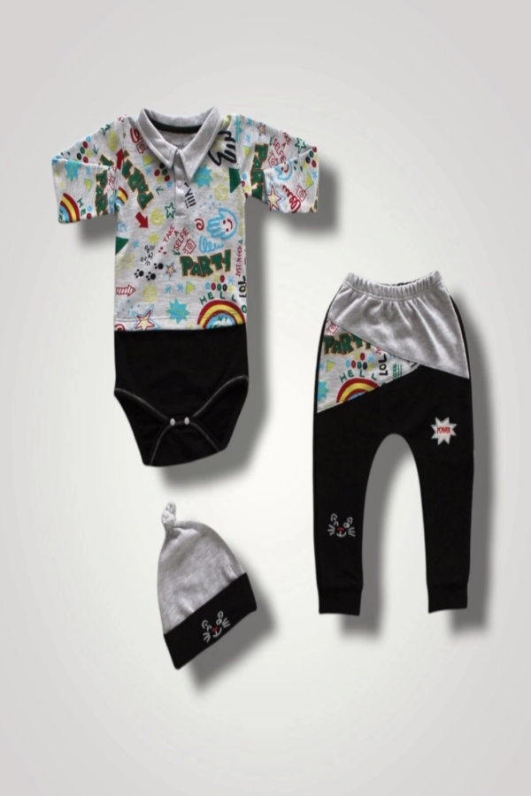 6-9 12-18 18-24 Ay Power Kedi Nakışlı Uzun Kollu Zıbınlı Şapkalı 3lü Kız Erkek Bebek Takımı Siyah