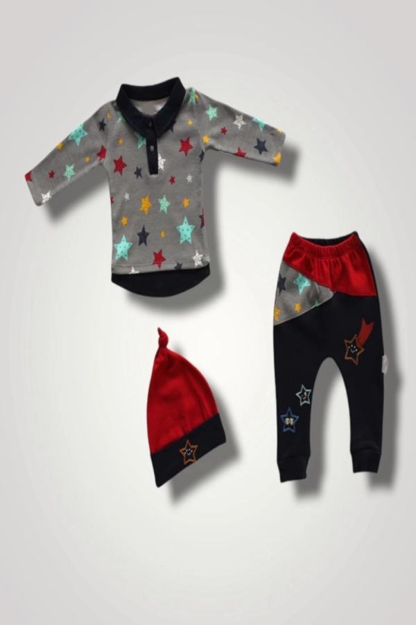 6-9 12-18 18-24 Ay Samanyolu Yıldızlar Baskılı Uzun Kollu Sweat Şapkalı 3lü Kız Erkek Bebek Takımı Lacivert