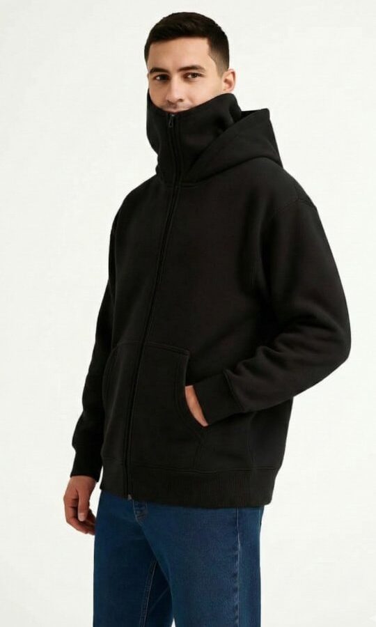 Samuray Ninja Çift Kapüşonlu ZIP Fermuarlı Kanguru Cepli Tam Fermuarlı Hoodie Sweatshirt - Siyah