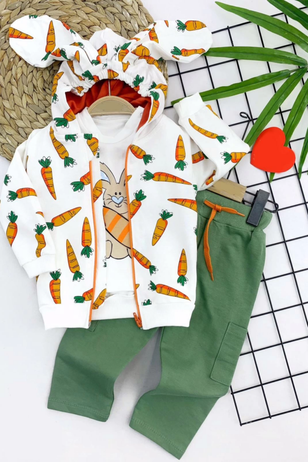 9-12-18-24 Ay Havuçlu Kulaklı Kapşonlu Fermuar Kapamalı 3lü Erkek Bebek Takımı Ekru