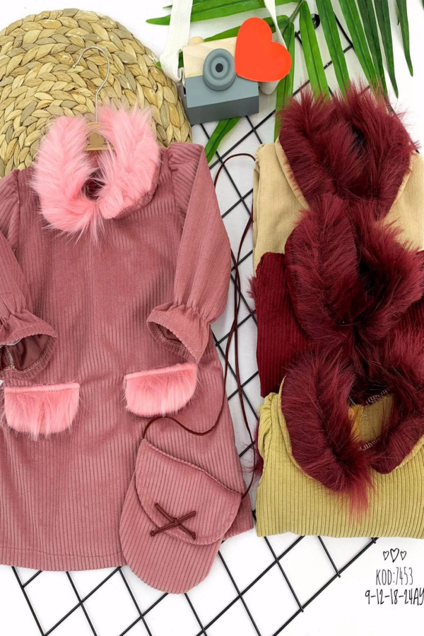 9-12-18-24 Ay Tüylü Yaka Ve Cep Kapaklı Çantalı Fitilli Kadife Uzun Kollu 2li Kız Bebek Elbisesi Bej