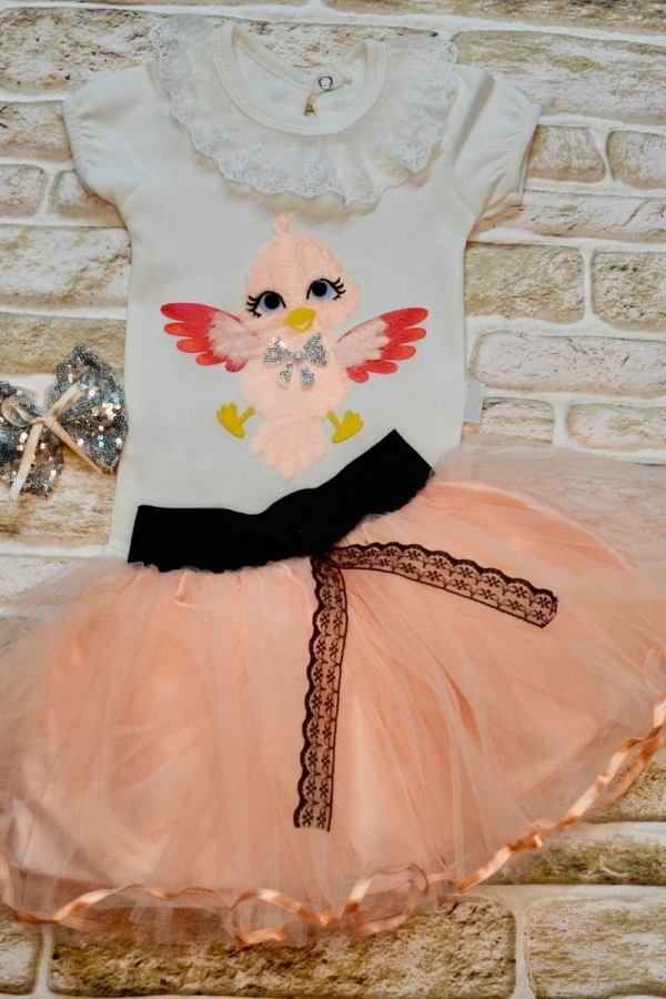 9-12-18 Ay Toka Hediyeli Kuş Desenli Tişört Tütü Etek 2li Kız Bebek Takımı Pudra