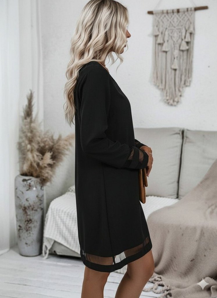 Kadın Uzun Kollu V Yakalı Tül şerit Detaylı Mini Krep Elbise - Görsel 2