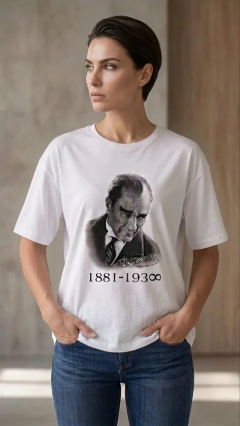 Atatürk Baskılı Tişört Kısa Kollu Bisiklet Yaka T-Shirt - Beyaz