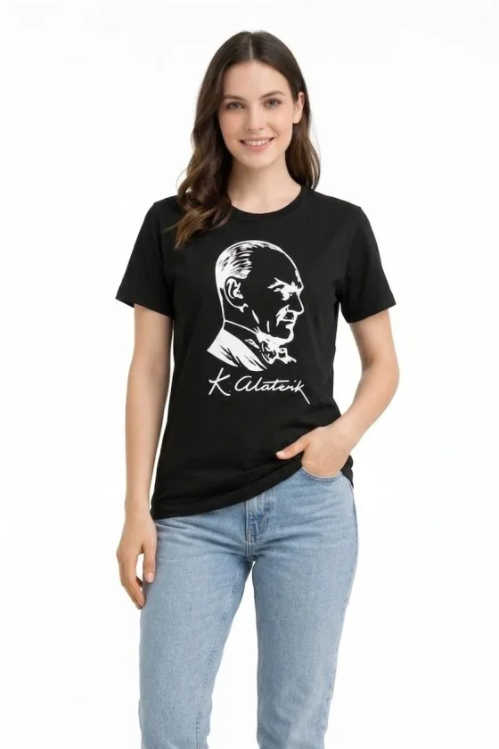 Atatürk Baskılı Tişört Kısa Kollu Bisiklet Yaka T-Shirt - Siyah
