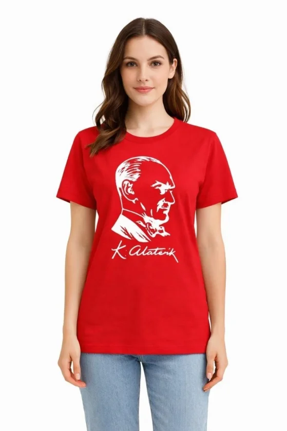 Atatürk Baskılı Tişört Kısa Kollu Bisiklet Yaka  T-Shirt - Kırmızı