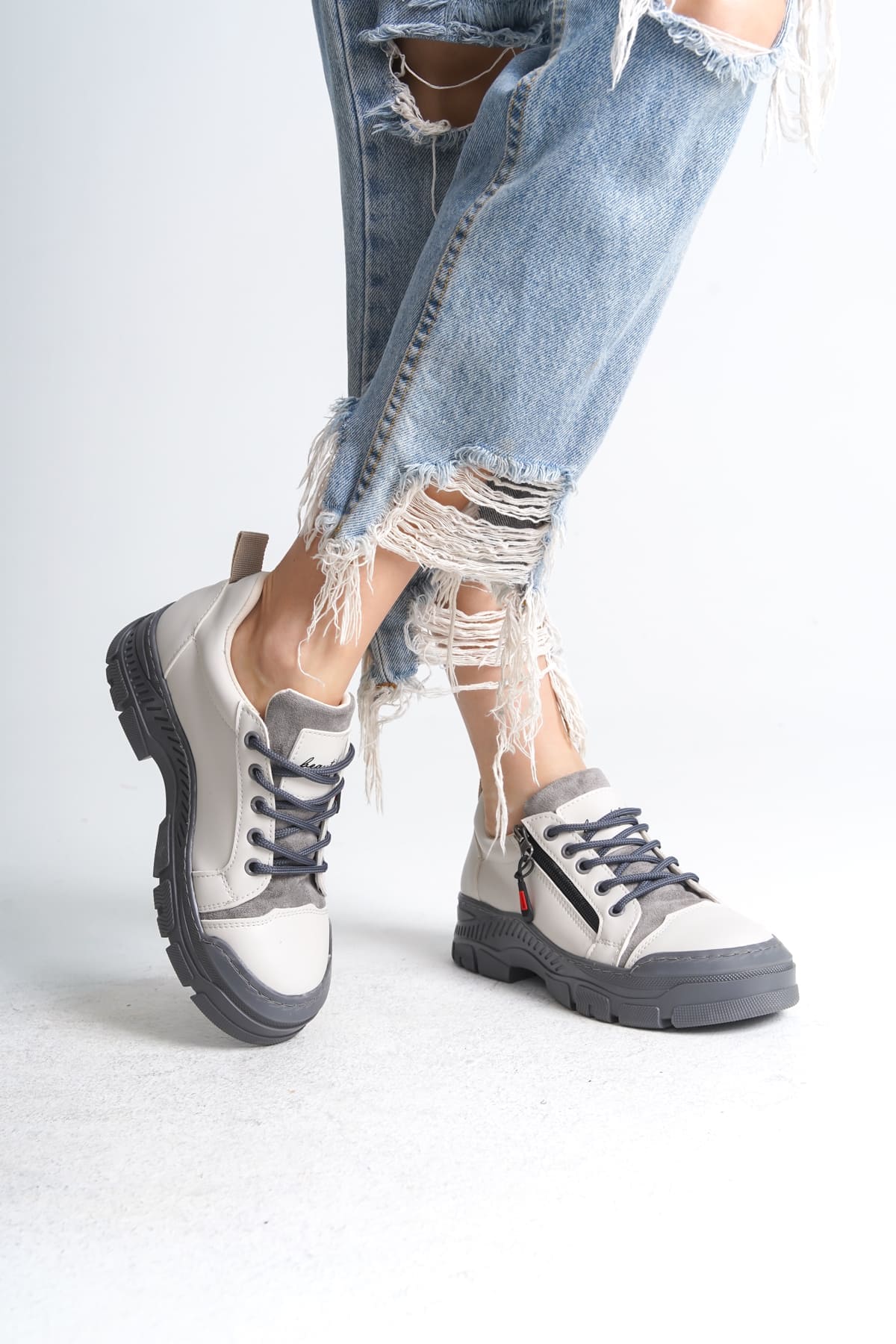 AGATHA Bağcıklı Fermuarlı Ortopedik Taban Kadın Sneaker Spor Ayakkabı CGT - Krem - Görsel 2