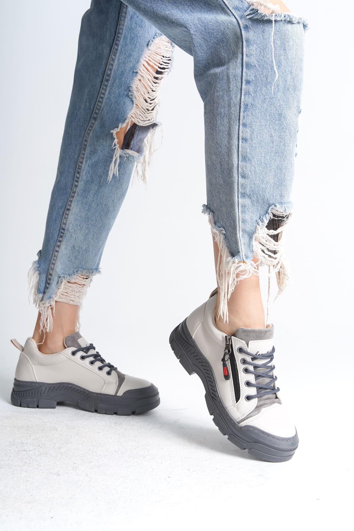 AGATHA Bağcıklı Fermuarlı Ortopedik Taban Kadın Sneaker Spor Ayakkabı CGT - Krem - Görsel 3