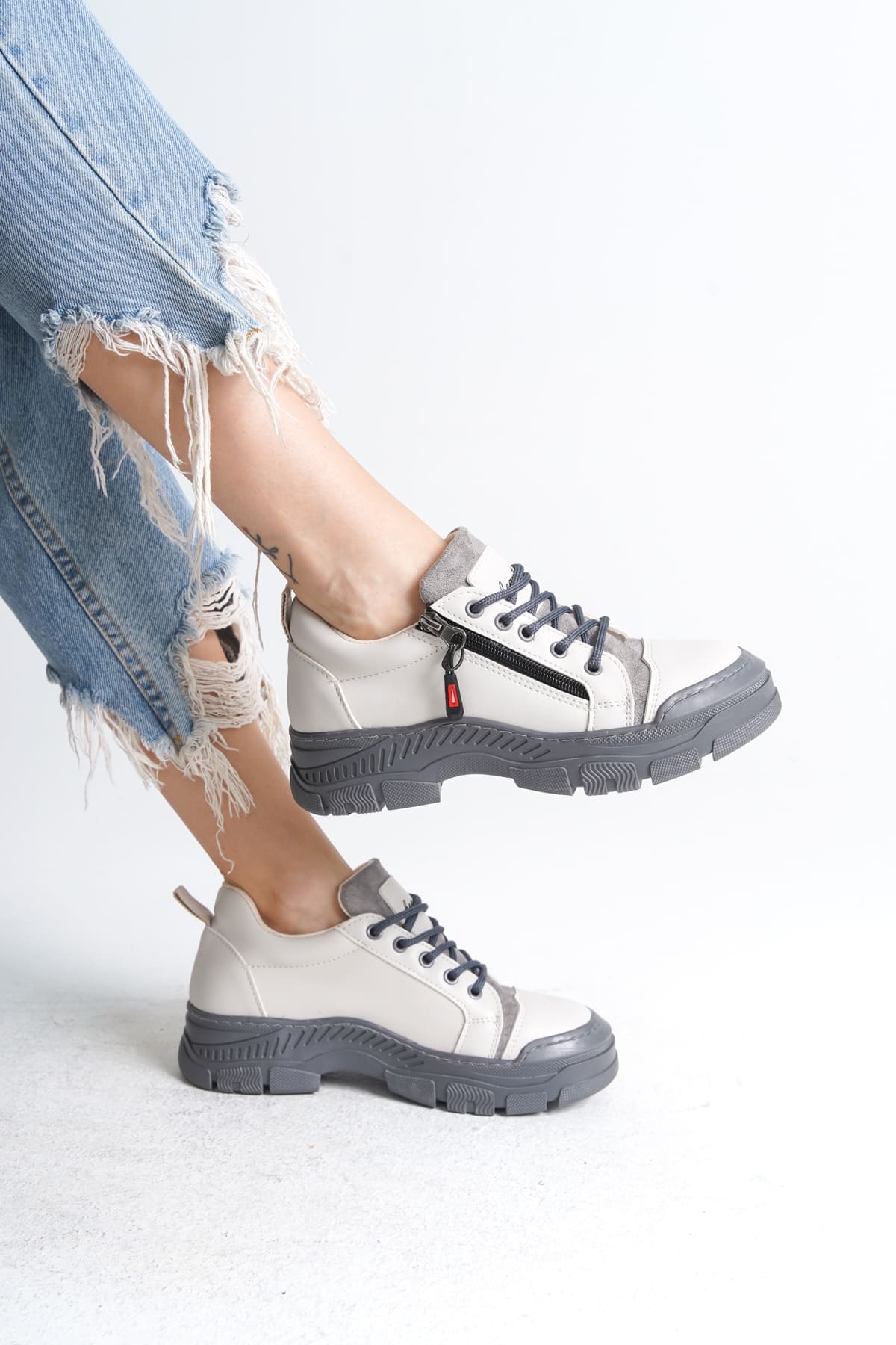 AGATHA Bağcıklı Fermuarlı Ortopedik Taban Kadın Sneaker Spor Ayakkabı CGT - Krem - Görsel 4