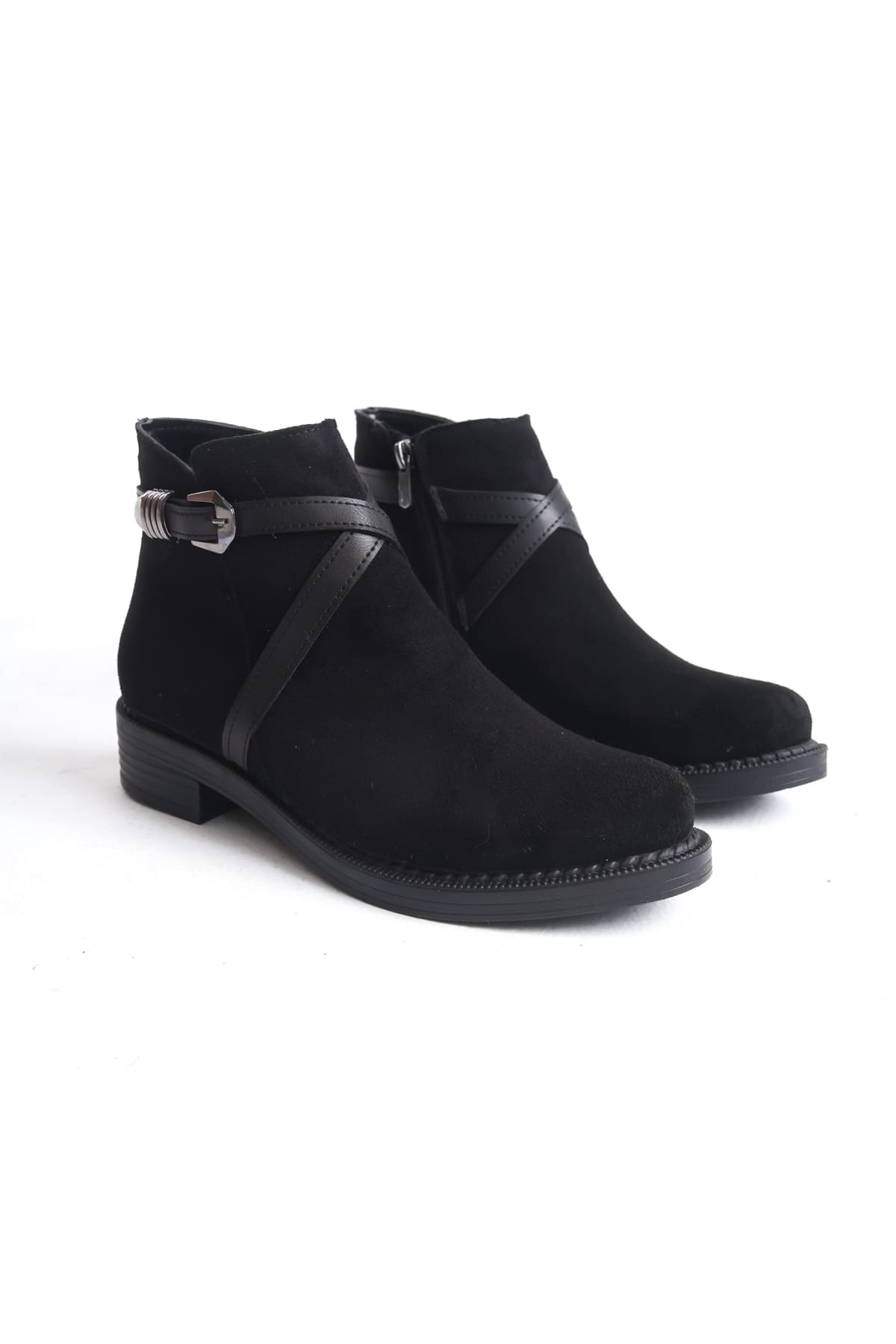 ALMILA Fermuarlı Lastikli Ortopedik Taban Topuklu Süet Kadın Bot SST - Siyah - Görsel 4