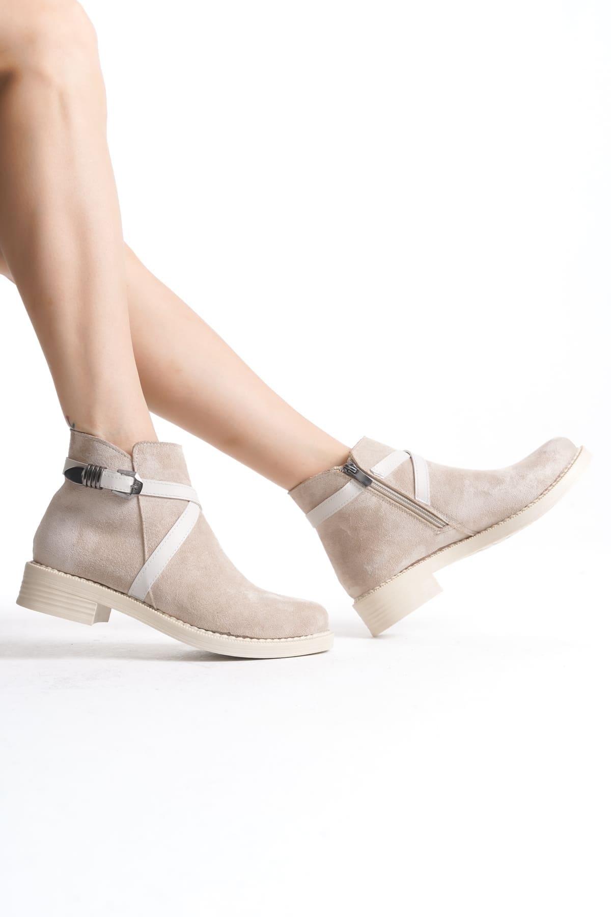 ALMILA Fermuarlı Lastikli Ortopedik Taban Topuklu Süet Kadın Bot STT - Ten - Görsel 3