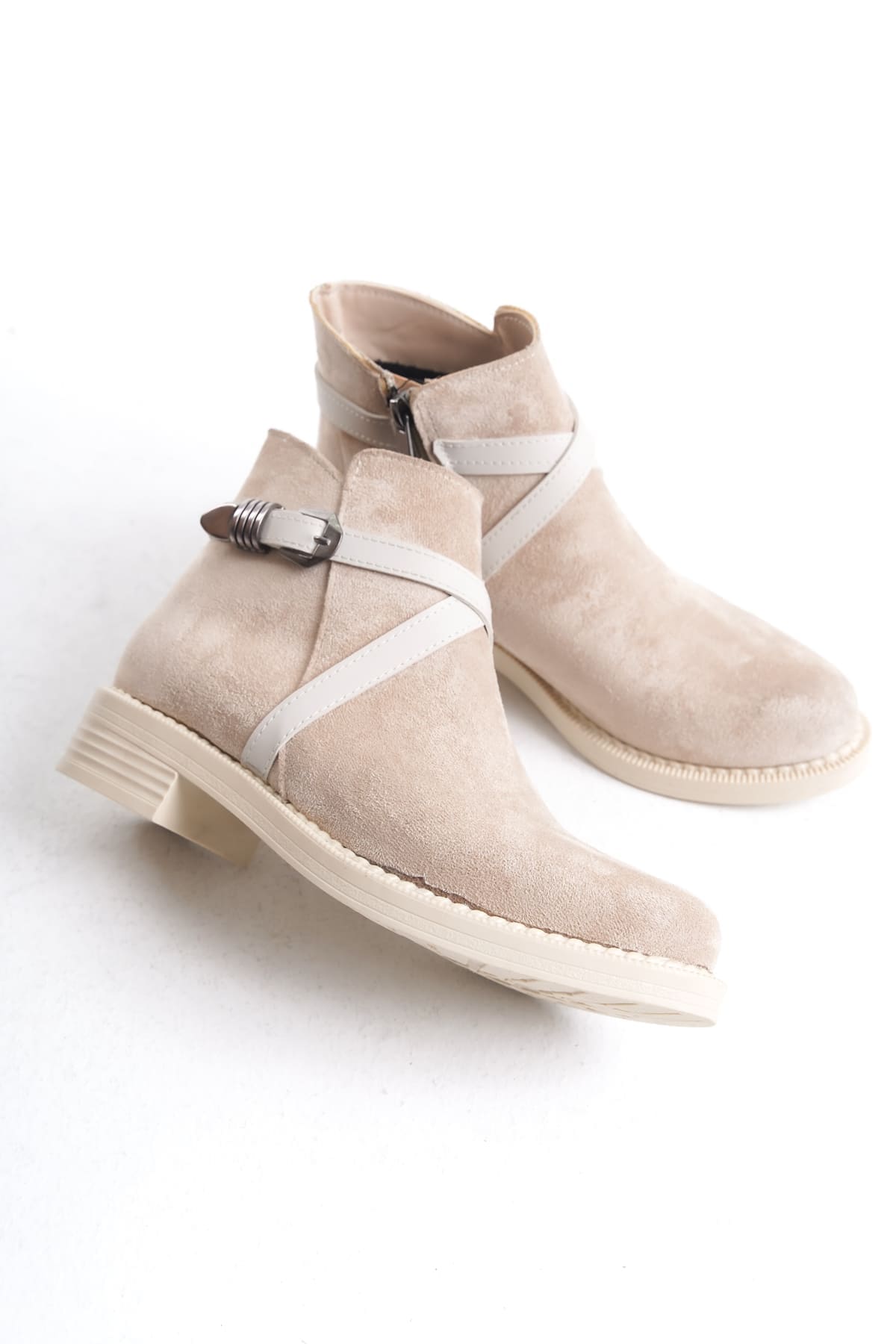 ALMILA Fermuarlı Lastikli Ortopedik Taban Topuklu Süet Kadın Bot STT - Ten - Görsel 5