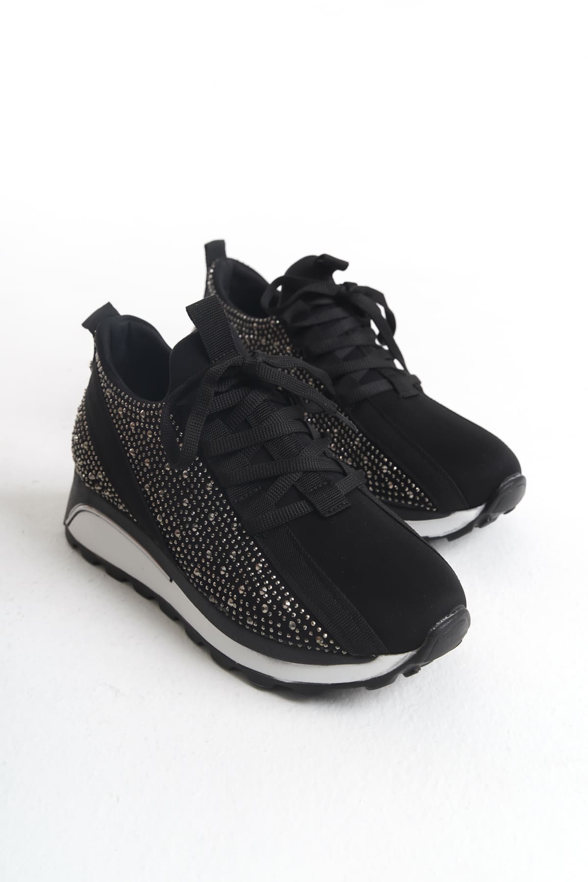 ALYA Bağcıklı Ortopedik Taban Taşlı Kadın Sneaker Spor Ayakkabı CBT - Siyah - Görsel 4