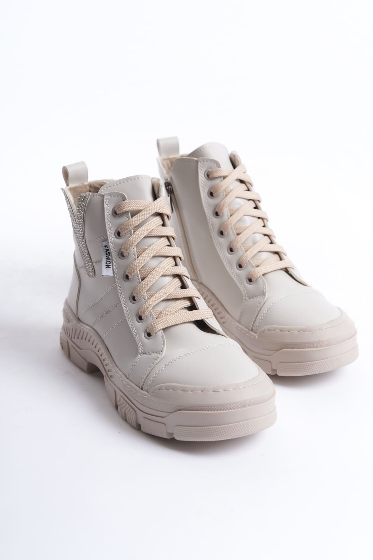 AMBER Bağcıklı Fermuarlı Ortopedik Taban Kadın Bot CKT - Krem - Görsel 5