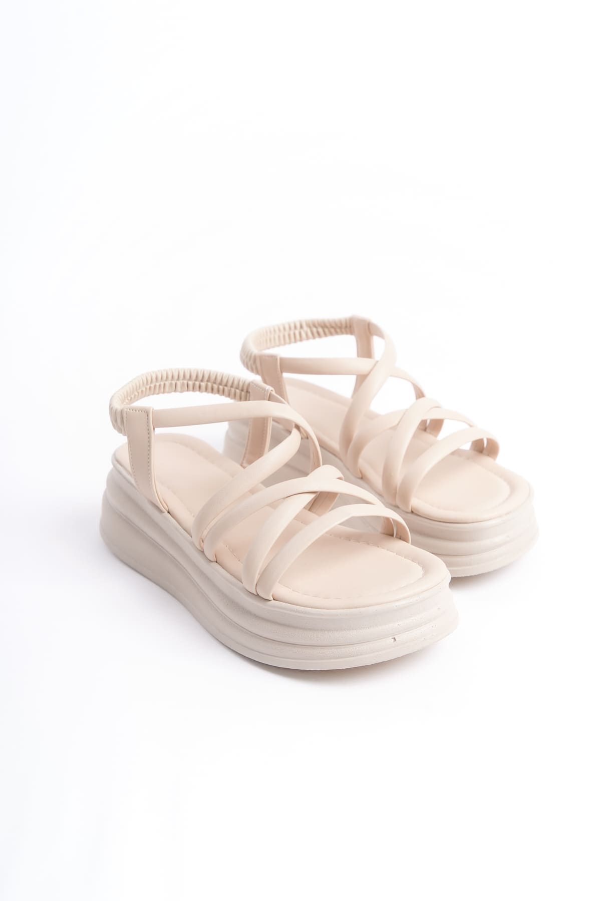 BELLA Lastikli Şerit Detaylı Ortopedik Taban Kadın Sandalet CKT - Krem - Görsel 4