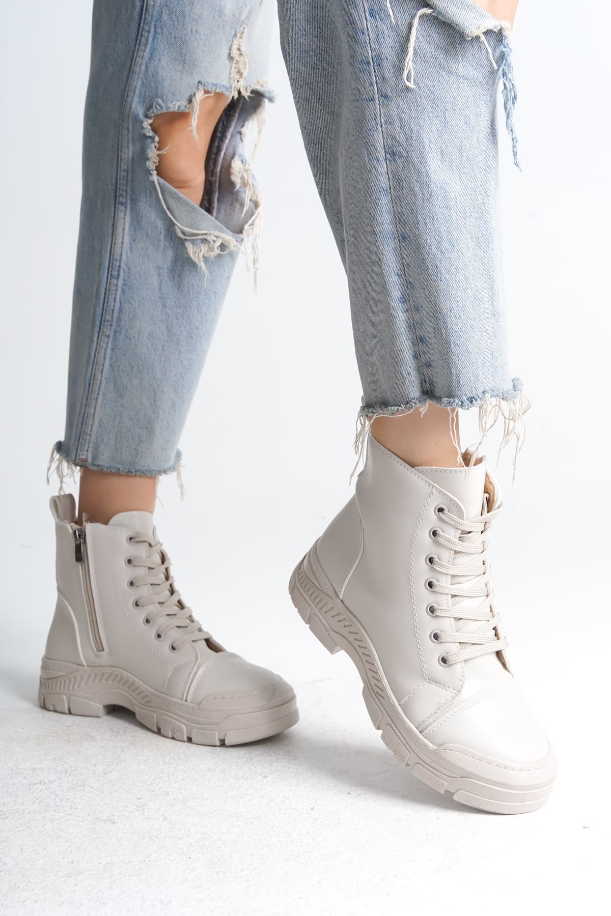 BLOOM Bağcıklı Fermuarlı Ortopedik Taban Kadın Bot CKT - Krem - Görsel 3