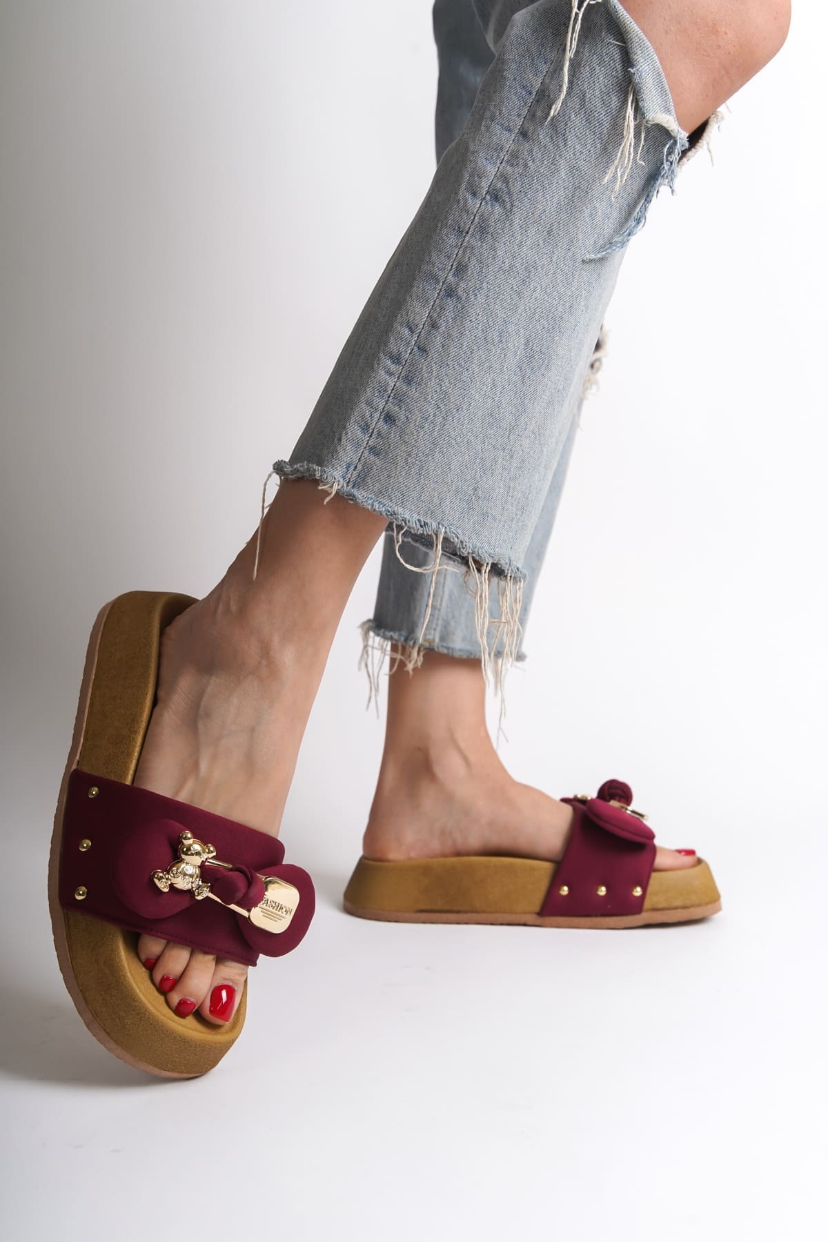 DILA Kalın ve Ortopedik Taban Ayıcıklı Saten Kadın Terlik SKT - Bordo - Görsel 2