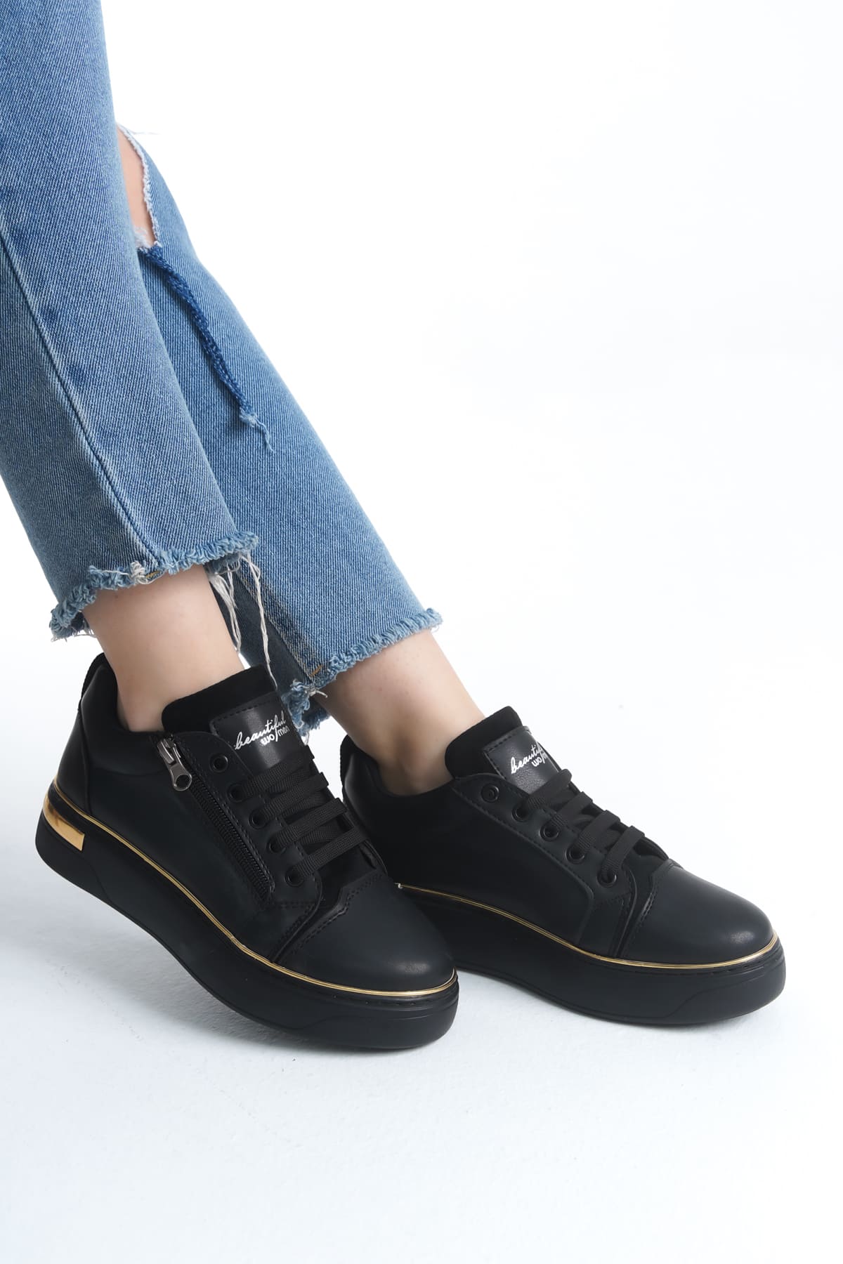 DINA Bağcıklı Fermuarlı Ortopedik Taban Kadın Sneaker Spor Ayakkabı CST - Siyah/Altın - Görsel 2