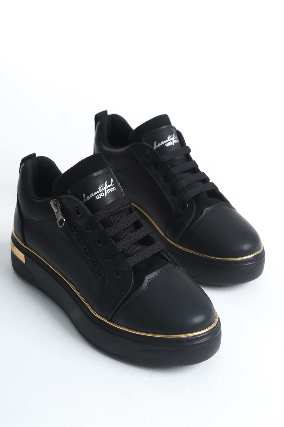 DINA Bağcıklı Fermuarlı Ortopedik Taban Kadın Sneaker Spor Ayakkabı CST - Siyah/Altın - Görsel 4