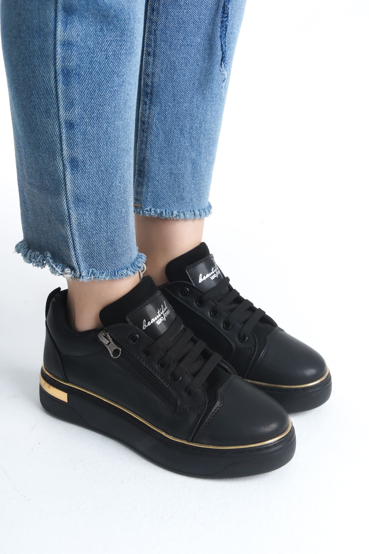 DINA Bağcıklı Fermuarlı Ortopedik Taban Kadın Sneaker Spor Ayakkabı CST - Siyah/Altın