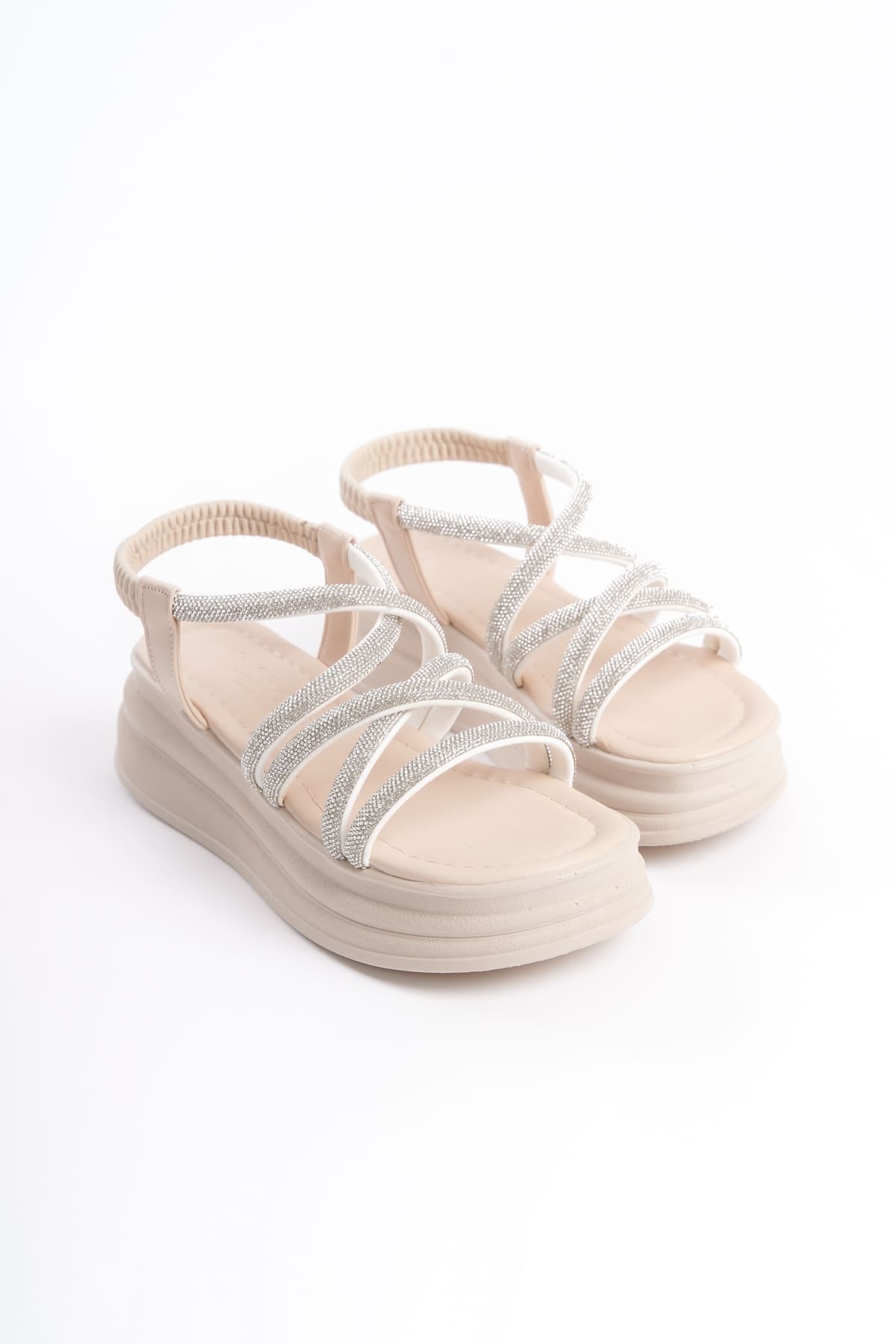 ELENA Lastikli Taşlı Şeritli Ortopedik Taban Kadın Sandalet CKT - Krem - Görsel 4