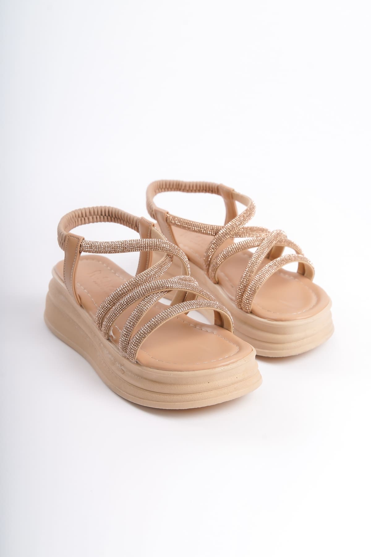 ELENA Lastikli Taşlı Şeritli Ortopedik Taban Kadın Sandalet CTT - Ten - Görsel 4