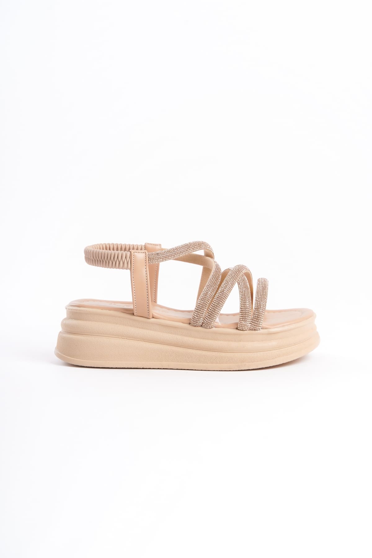 ELENA Lastikli Taşlı Şeritli Ortopedik Taban Kadın Sandalet CTT - Ten - Görsel 6