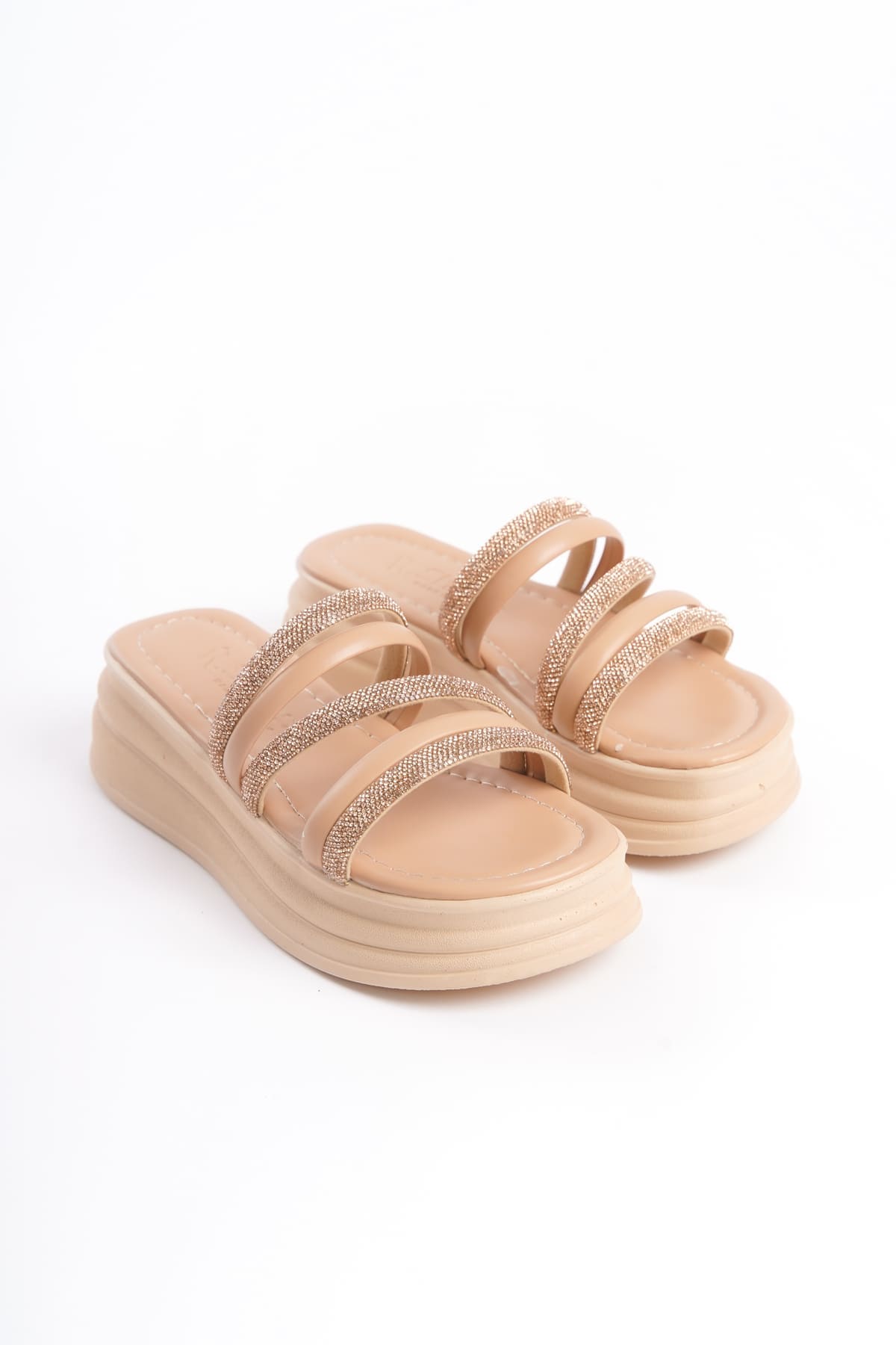 ELISE Düz Topuklu Şeritli Taşlı Kalın ve Ortopedik Taban Kadın Terlik CTT - Ten - Görsel 4