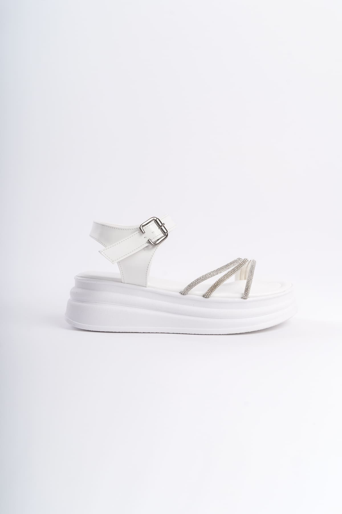 EVA Kalın Tokalı Taşlı Şeritli Ortopedik Taban Kadın Sandalet CBT - Beyaz - Görsel 6
