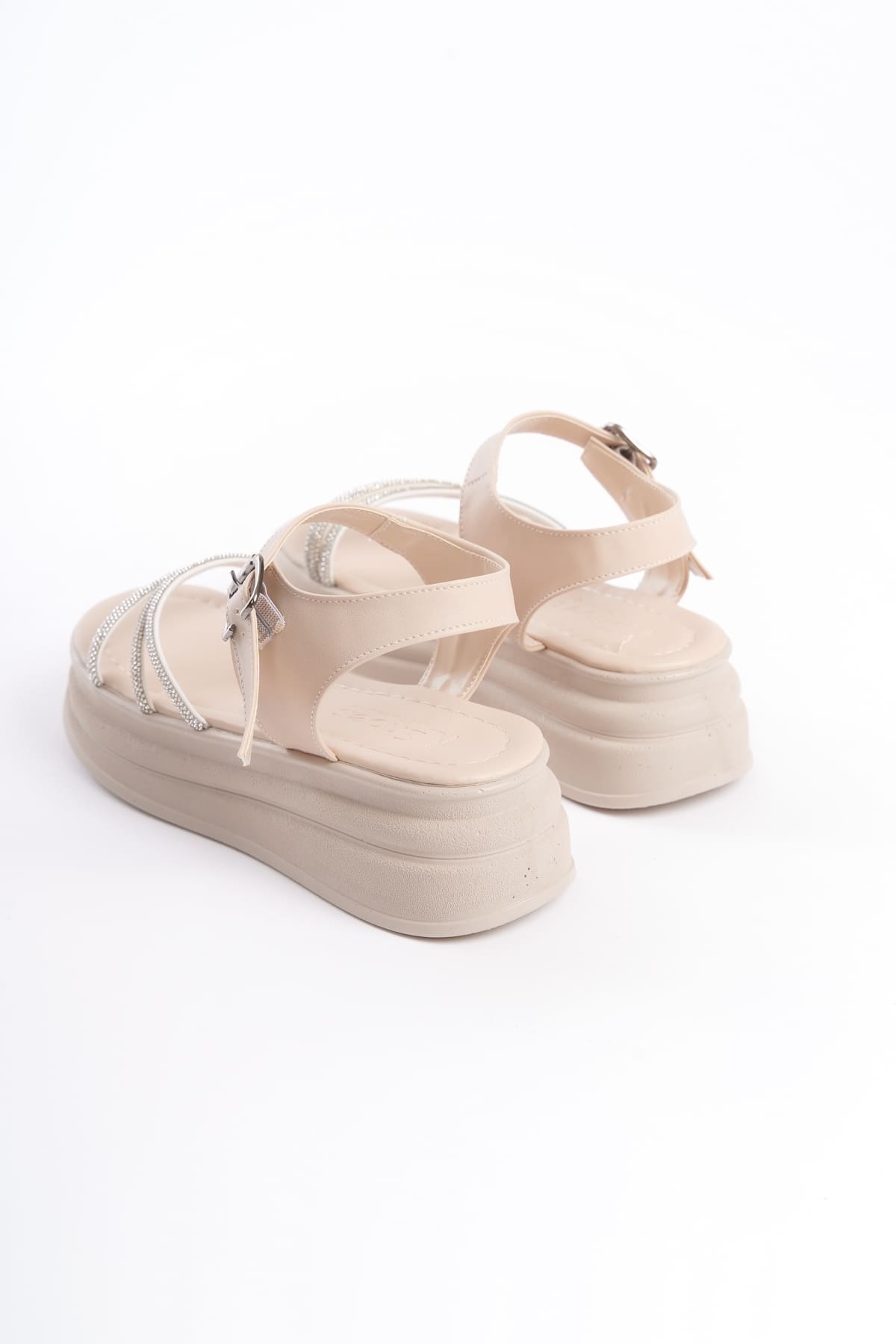 EVA Kalın Tokalı Taşlı Şeritli Ortopedik Taban Kadın Sandalet CKT - Krem - Görsel 5