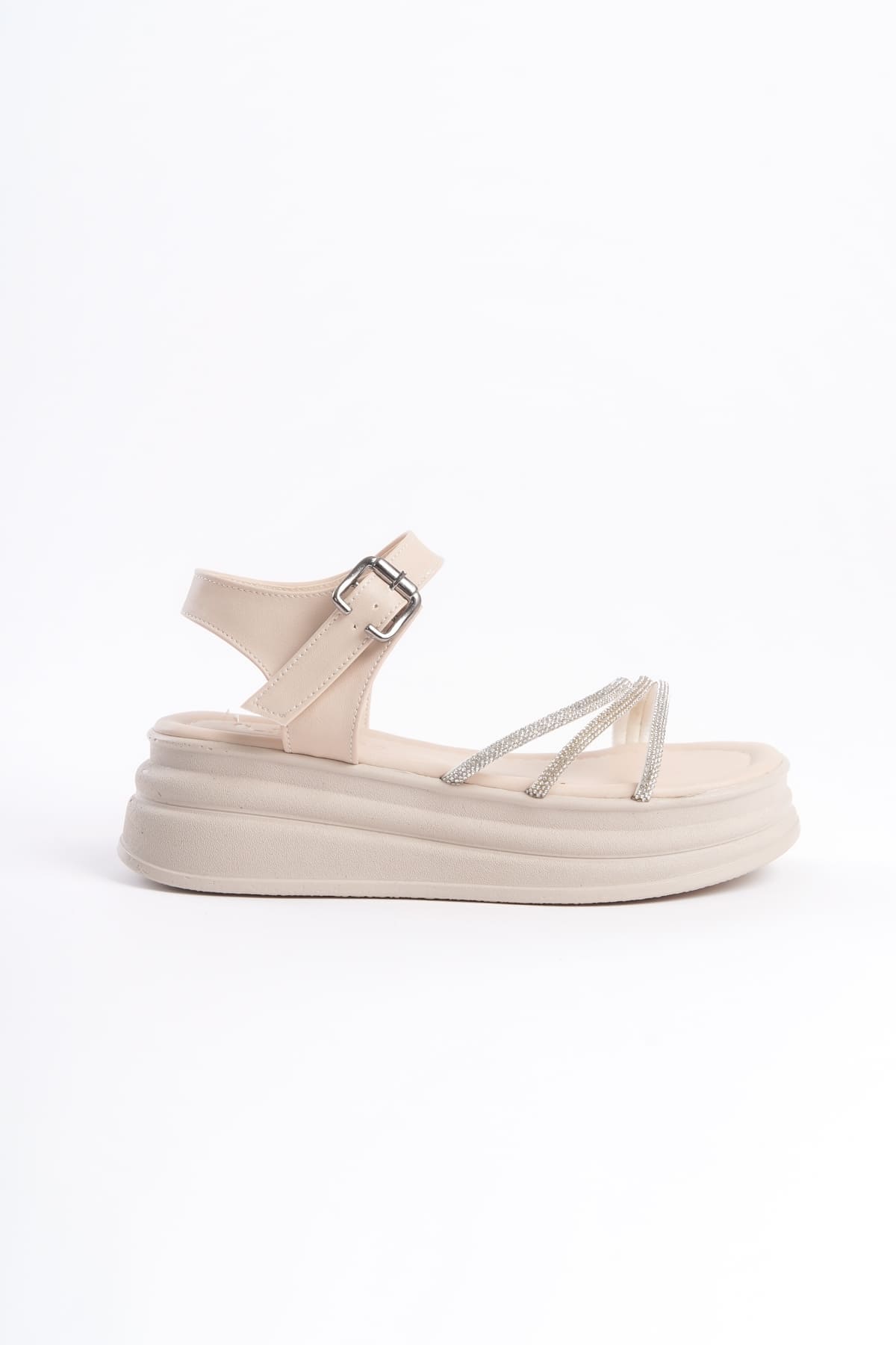 EVA Kalın Tokalı Taşlı Şeritli Ortopedik Taban Kadın Sandalet CKT - Krem - Görsel 6