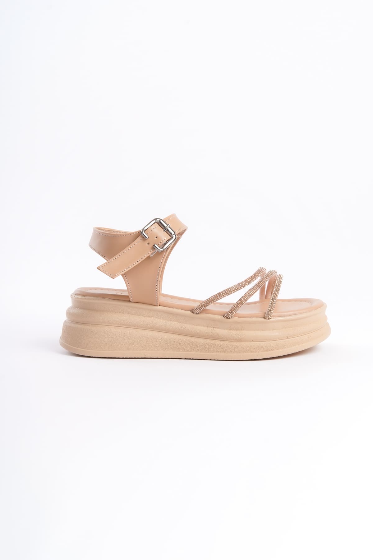 EVA Kalın Tokalı Taşlı Şeritli Ortopedik Taban Kadın Sandalet CTT - Ten - Görsel 6