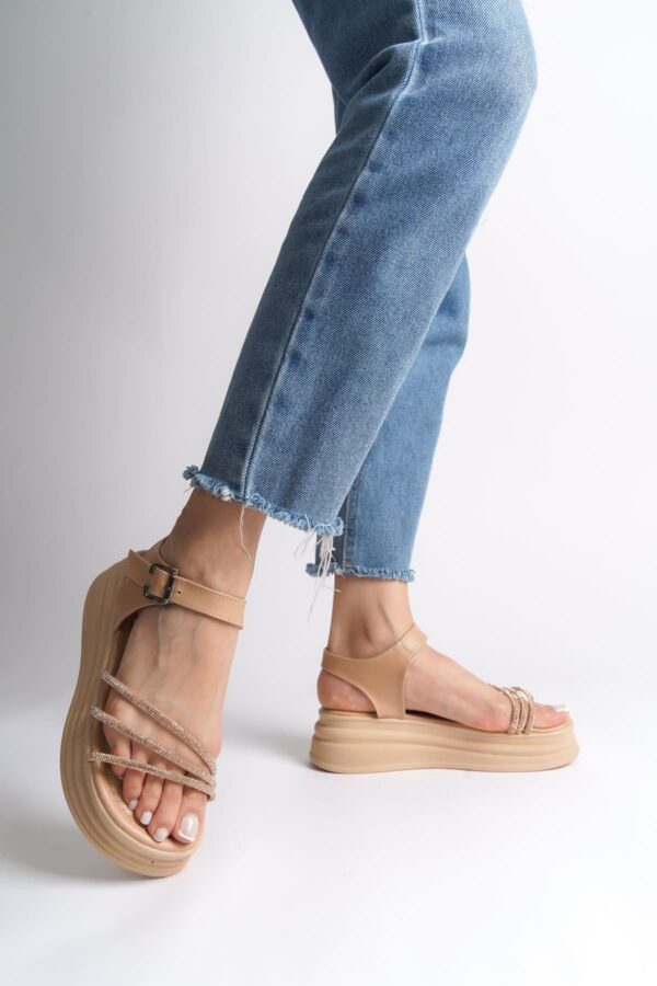 EVA Kalın Tokalı Taşlı Şeritli Ortopedik Taban Kadın Sandalet  CTT - Ten