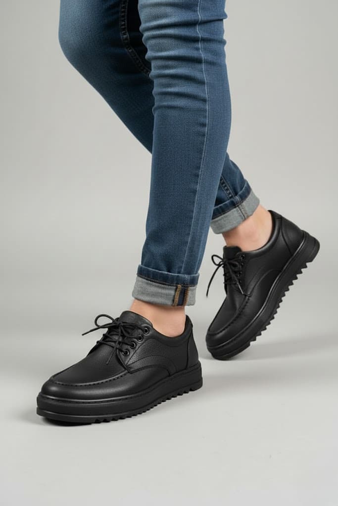 JY-T12x Arts Bağcıklı Cilt Erkek Günlük Spor Klasik Ayakkabı CST - Siyah - Görsel 3