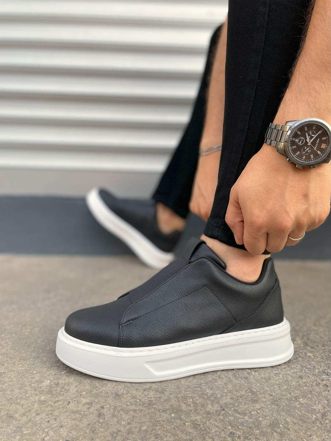 JY007 Alba Bağcıksız Cilt Erkek Günlük Sneaker Ayakkabı CBT Siyah - Görsel 3