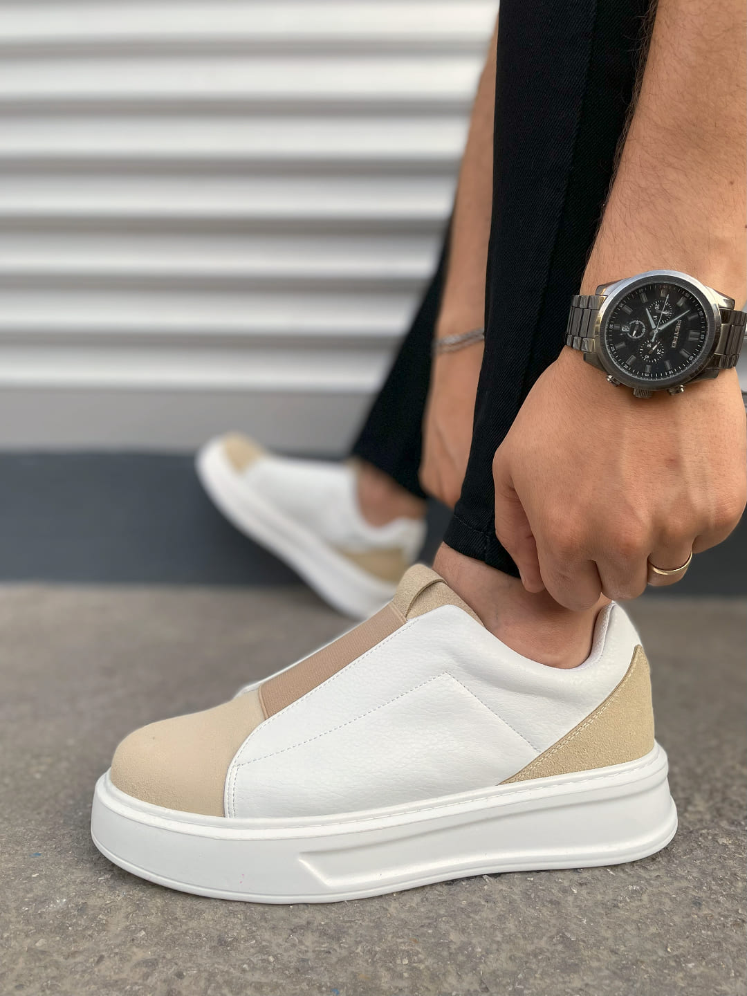 JY007 Alba Bağcıksız Süet Cilt Erkek Günlük Sneaker Ayakkabı SCBT Bej/Beyaz - Görsel 3