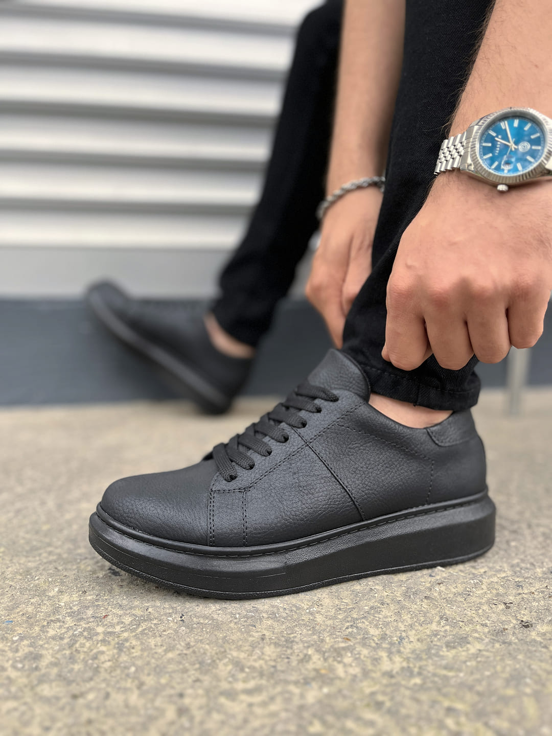 JY151 Boost Bağcıklı Cilt Erkek Günlük Sneaker Ayakkabı CST - Siyah - Görsel 3