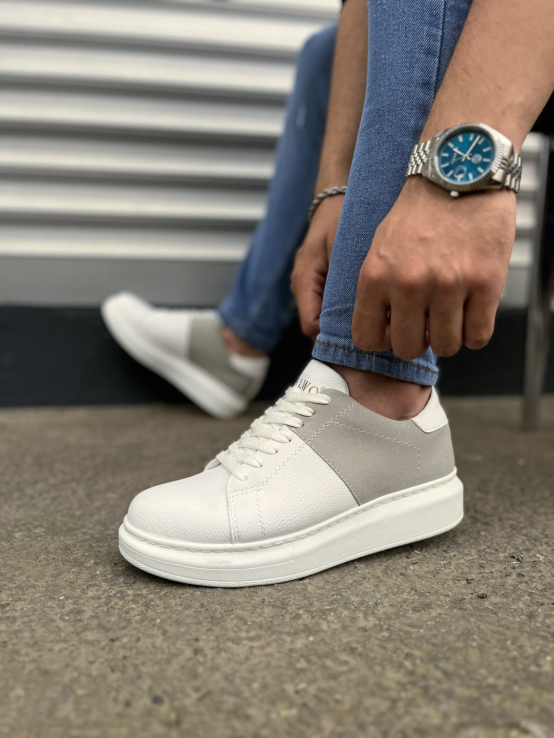 JY151 Boost Bağcıklı Cilt Süet Erkek Günlük Sneaker Ayakkabı CSBT - Beyaz/Gri - Görsel 3