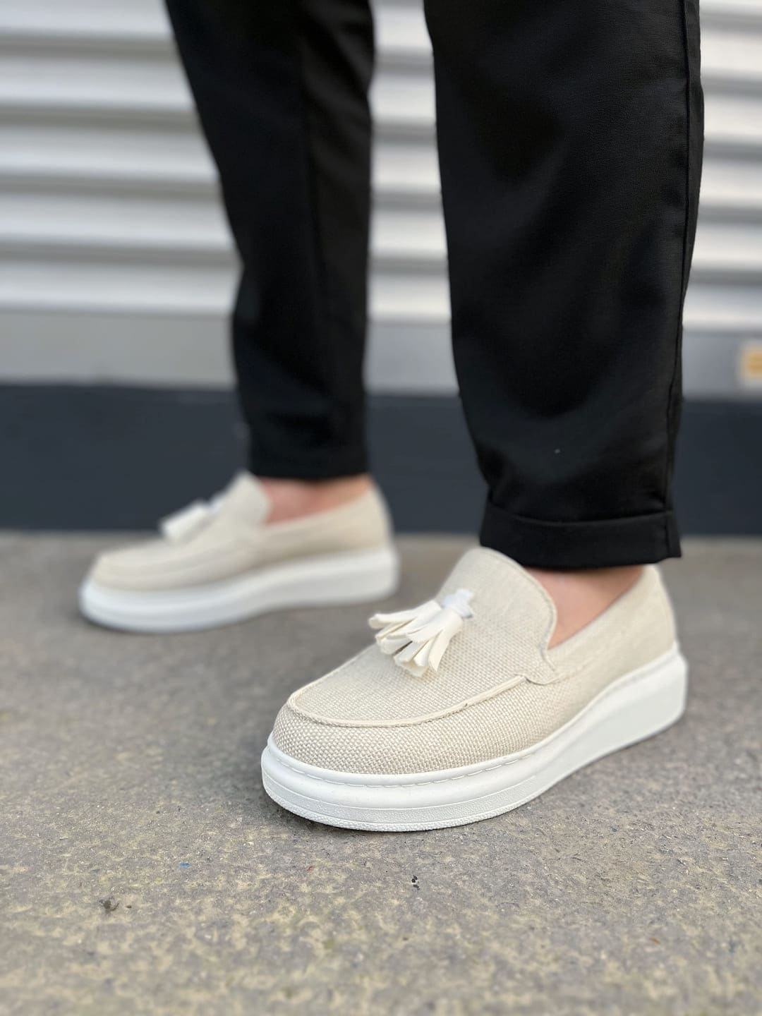 JY154 Blaze Bağcıksız Püsküllü Keten Erkek Günlük Spor Klasik Ayakkabı KBT - Beyaz - Görsel 2