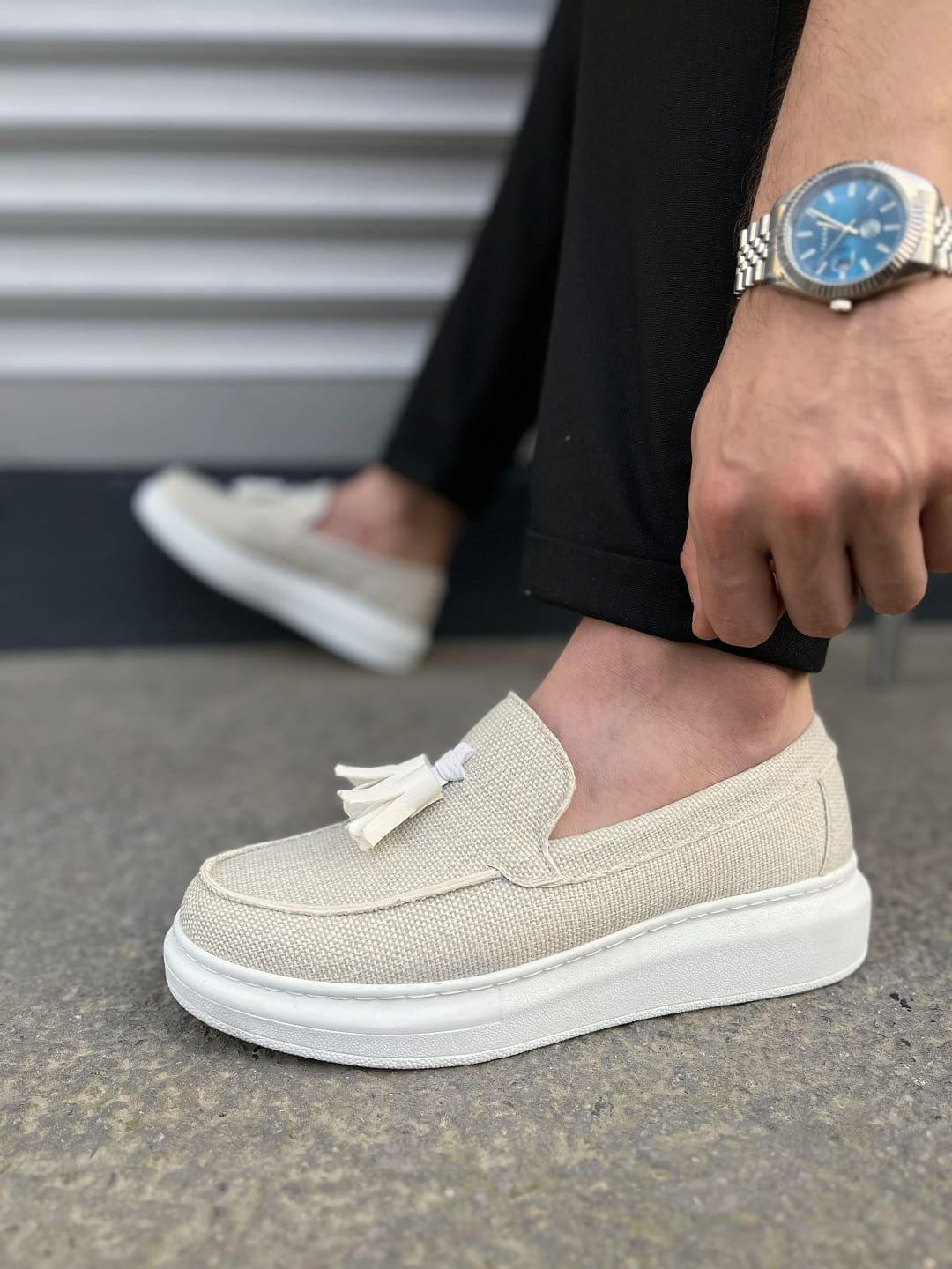 JY154 Blaze Bağcıksız Püsküllü Keten Erkek Günlük Spor Klasik Ayakkabı KBT - Beyaz - Görsel 3