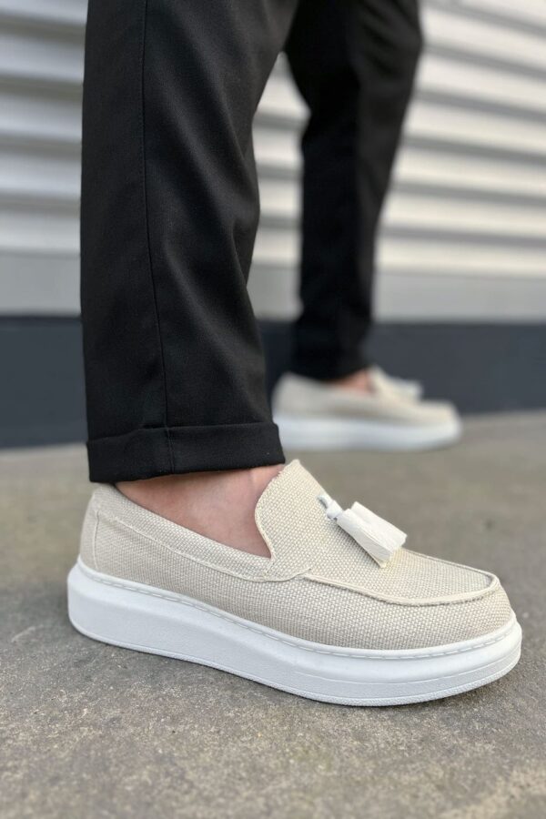 JY154 Blaze Bağcıksız Püsküllü Keten Erkek Günlük Spor Klasik Ayakkabı KBT - Beyaz