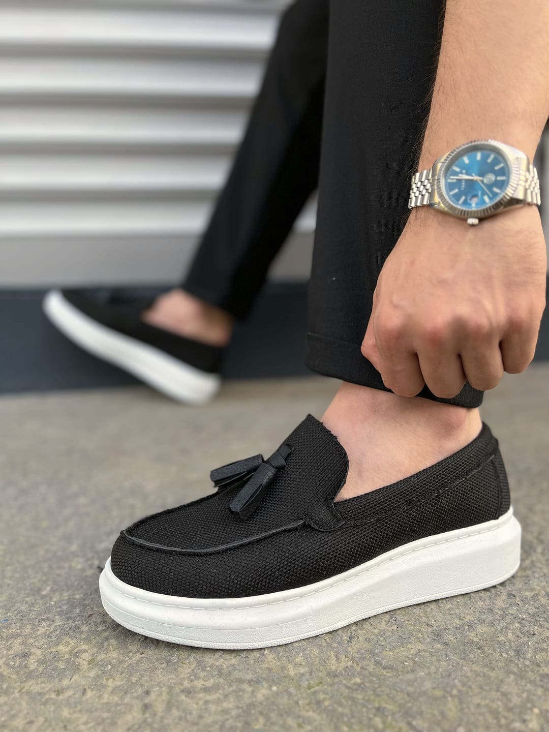 JY154 Blaze Bağcıksız Püsküllü Keten Erkek Günlük Spor Klasik Ayakkabı KBT - Siyah - Görsel 3