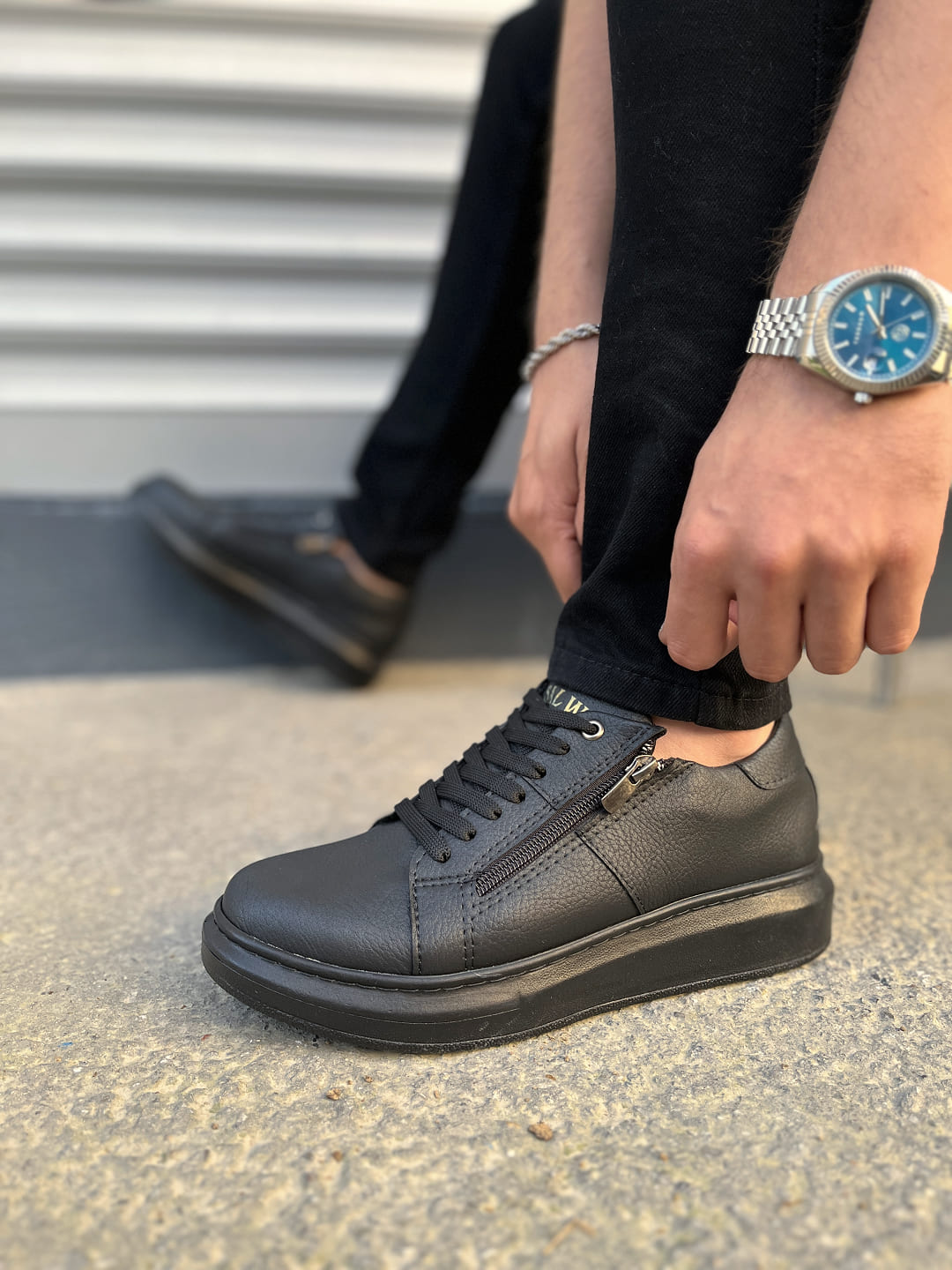 JY155 Warrior Bağcıklı ve Fermuarlı Cilt Erkek Günlük Sneaker Ayakkabı CST - Siyah - Görsel 3