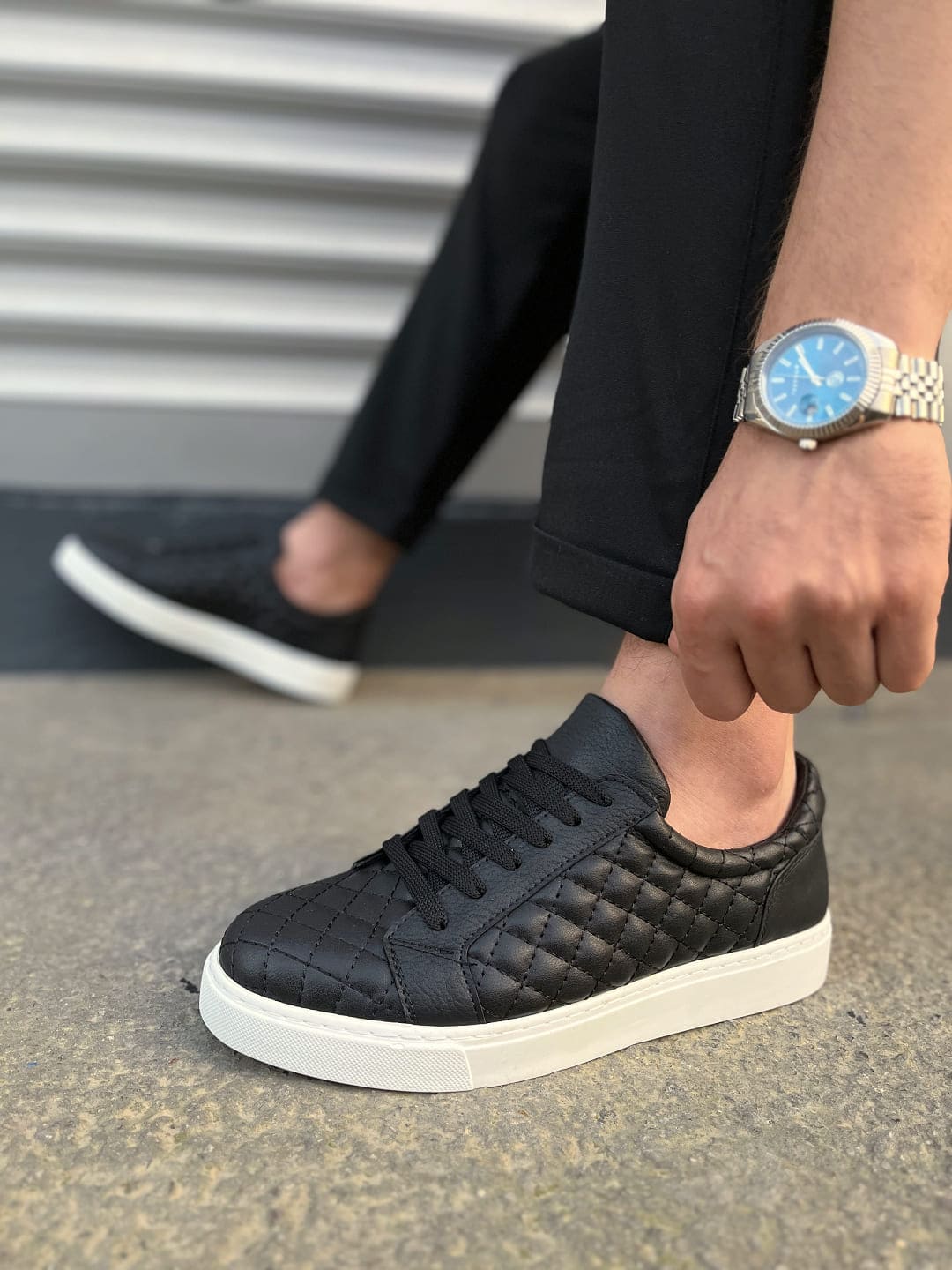 JY166 Prestige Bağcıklı Cilt Kapitone Desenli Erkek Günlük Sneaker Ayakkabı CBT - Siyah - Görsel 3