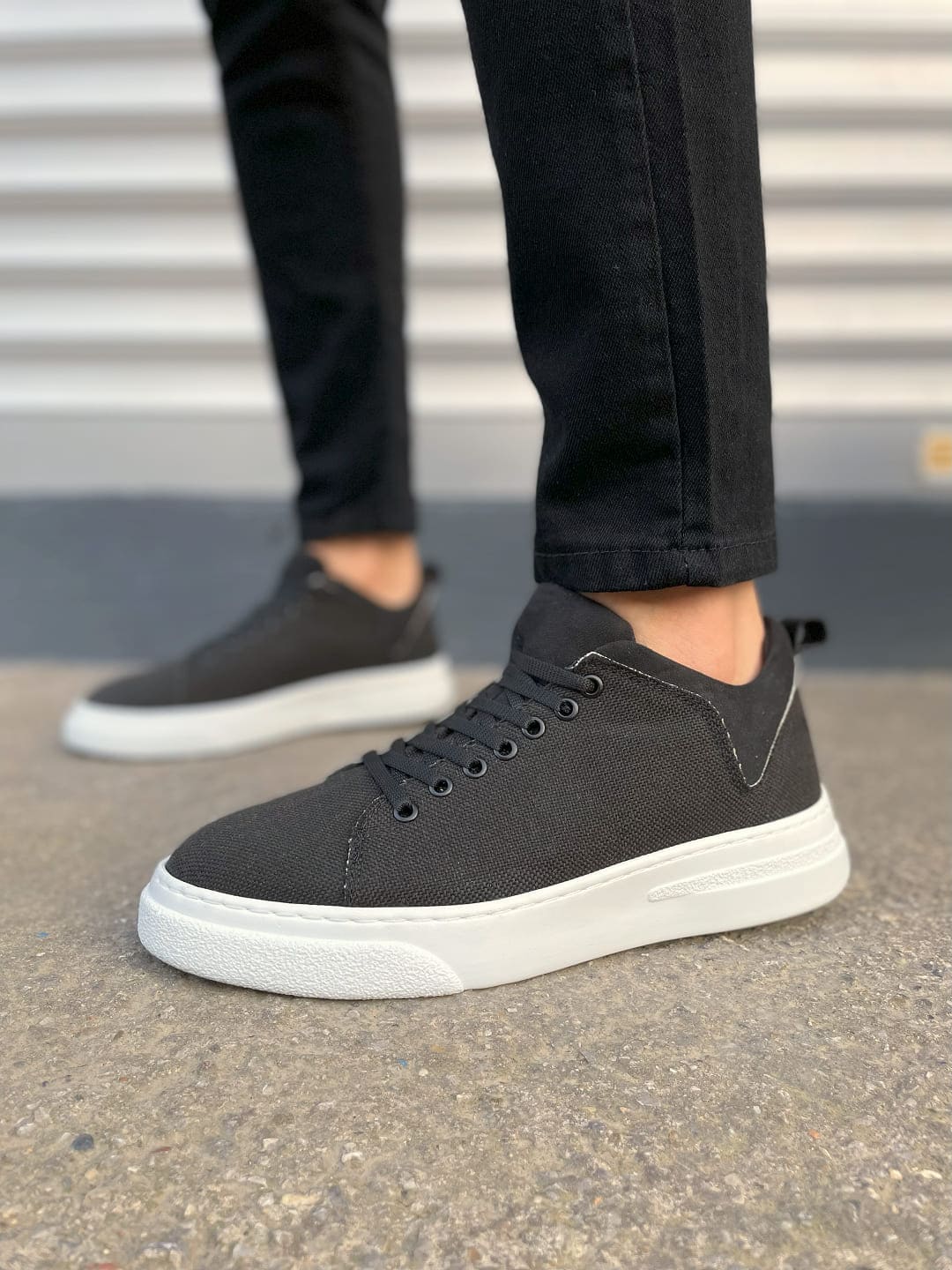 JY204 Flex Bağcıklı Keten Kumaş Erkek Günlük Sneaker Ayakkabı KBT - Siyah - Görsel 2