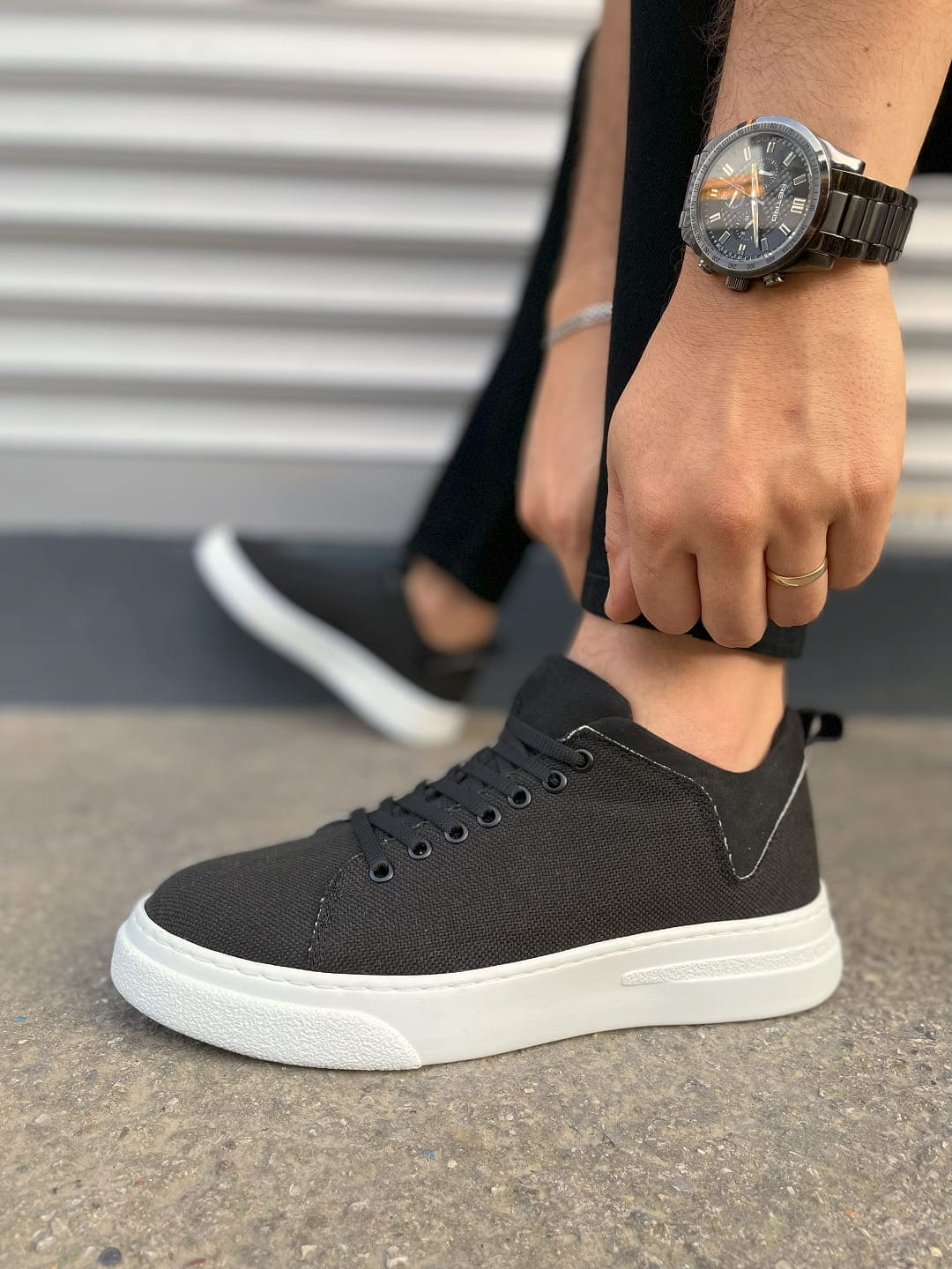 JY204 Flex Bağcıklı Keten Kumaş Erkek Günlük Sneaker Ayakkabı KBT - Siyah - Görsel 3