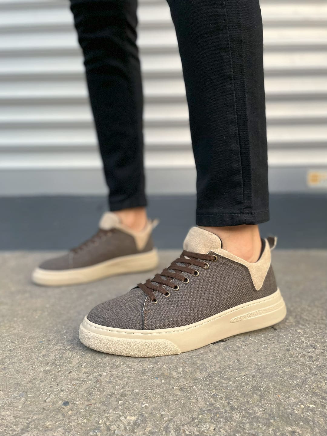 JY204 Flex Bağcıklı Keten Kumaş Erkek Günlük Sneaker Ayakkabı KKT - Kahverengi/Krem - Görsel 2