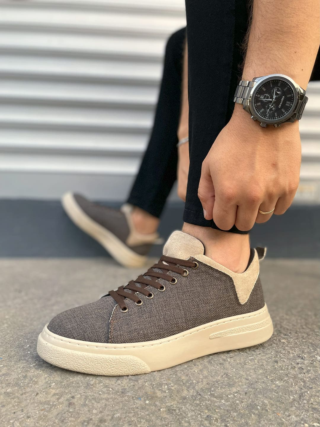 JY204 Flex Bağcıklı Keten Kumaş Erkek Günlük Sneaker Ayakkabı KKT - Kahverengi/Krem - Görsel 3